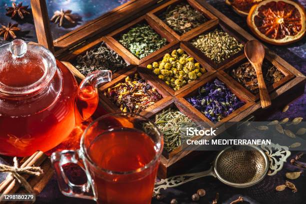 Red Tea With A Box Of Tea Herbs And Aromatic Spices Stock Photo - Download Image Now