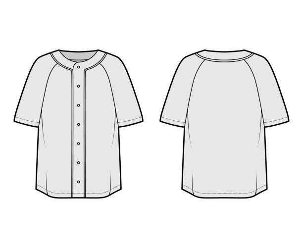 istock Shirt baseball button front technical fashion illustration with raglan short sleeves, button up, oversized. Flat apparel 1298180305