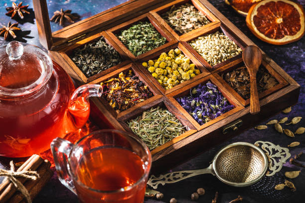 istock Red tea with a box of tea herbs and aromatic spices 1298180344