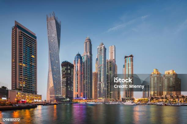 Dubai Marina Skyline Illuminated Cityscape At Sunset Twilight Uae Stock Photo - Download Image Now