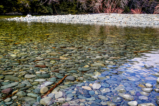 River rocks seen through the clear river water on Vancouver Island in British Columbia