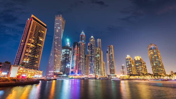 istock Dubai Marina Skyline Night Panorama Illuminated Cityscape UAE 1298182105