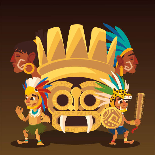 ilustraciones, imágenes clip art, dibujos animados e iconos de stock de aztecas tótem guerreros con cultivo de sombrero traditonal - guerrero azteca