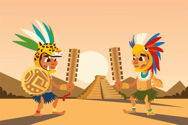 ilustraciones, imágenes clip art, dibujos animados e iconos de stock de guerreros aztecas con escudo de armas de sombrero y escena piramidal - guerrero azteca