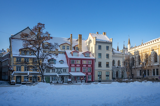 Riga, Latvia - January 17, 2021: Livu Square on a early winter morning during Covid-19 pandemic lockdown. No people can be seen in the picture