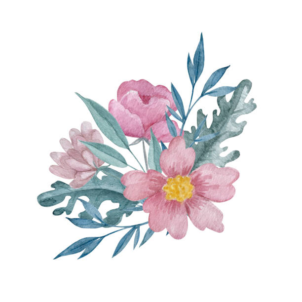 istock Pink flowers bouquet watercolor illustration. 1298186737