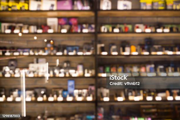 Blurry Showcase In Vape Shop Close Up Blurred Showcase With The Goods Stock Photo - Download Image Now