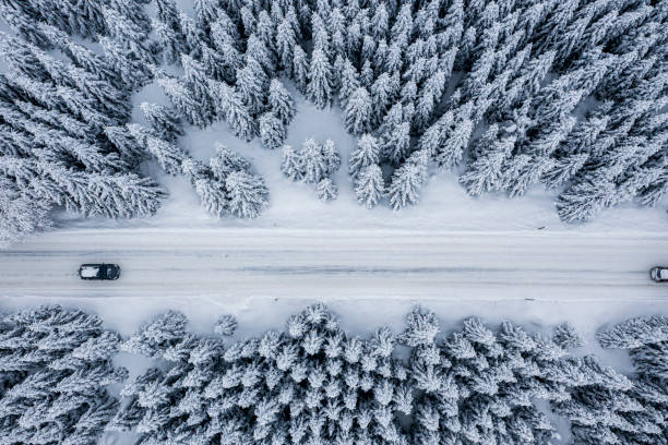 istock Drone perspective on the snowy road and forest 1298188162