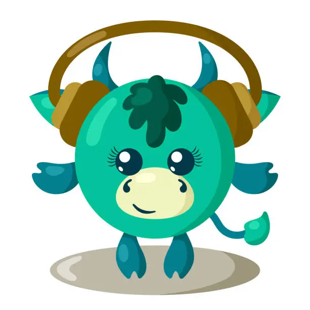 Vector illustration of Funny cute kawaii bull or cow with headphones, round body and hair in flat design with shadows