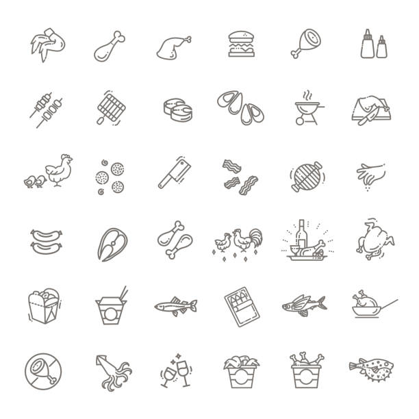 fleisch, geflügel, fisch und meeresfrüchte - minimale dünne linie web-symbol-set - roast chicken restaurant food vector stock-grafiken, -clipart, -cartoons und -symbole