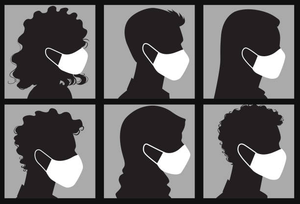 Side view of silhouettes of people wearing masks