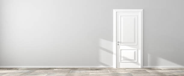 istock Interior scene: empty living room in a loft style building. Bright wall, stone floor and white door. Sunlight through large window. 3d render - web banner size. 1298192546