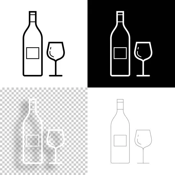 Vector illustration of Wine bottle and wine glass. Icon for design. Blank, white and black backgrounds - Line icon