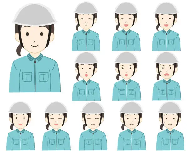 Vector illustration of Worker white helmet female facial expression variation no line