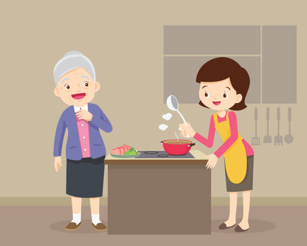 elderly woman looking to lovely woman cooking in kitchen happy family with Grandparent and mother cooking in kitchen,Elderly woman looking at woman cooking middle aged woman cooking stock illustrations