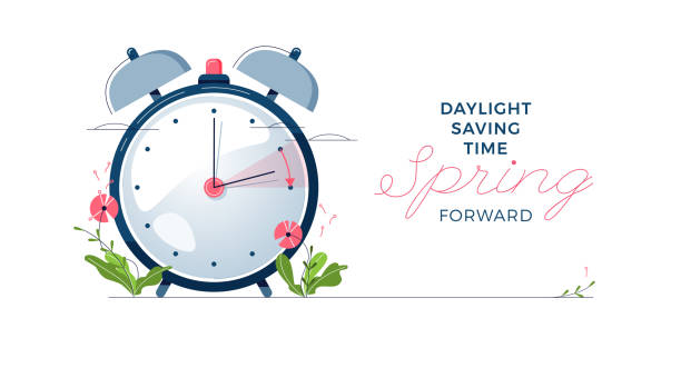 Daylight Saving Time banner. The clocks moves forward one hour. Spring clock changes concept. Modern flat design, cartoon vector illustration Daylight Saving Time banner. The clocks moves forward one hour. Floral decoration with pink flowers. Spring clock changes concept for web, emailing. Modern flat design, cartoon vector illustration daylight saving time stock illustrations
