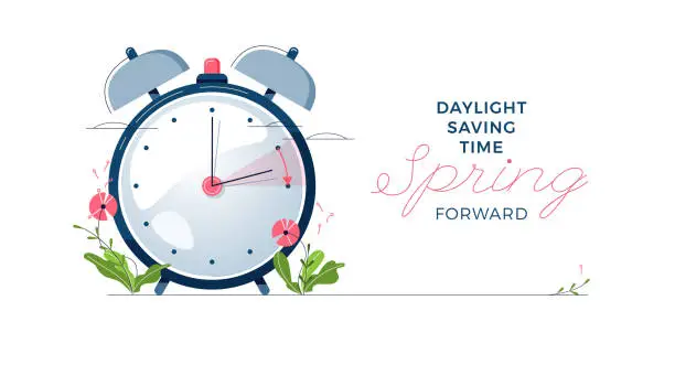 Vector illustration of Daylight Saving Time banner. The clocks moves forward one hour. Spring clock changes concept. Modern flat design, cartoon vector illustration