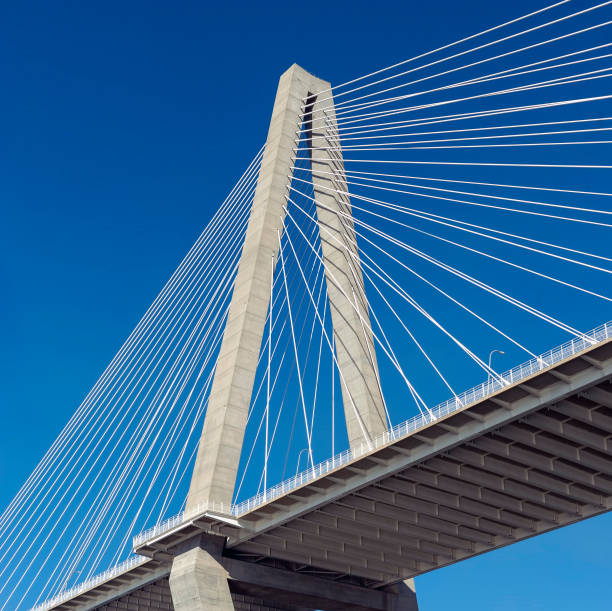 Bridge in Charleston, Ravenel Jr. bridge, Cooper River view from below, close view, partial view, blue sky, sunny day, no people cable stayed bridge stock pictures, royalty-free photos & images