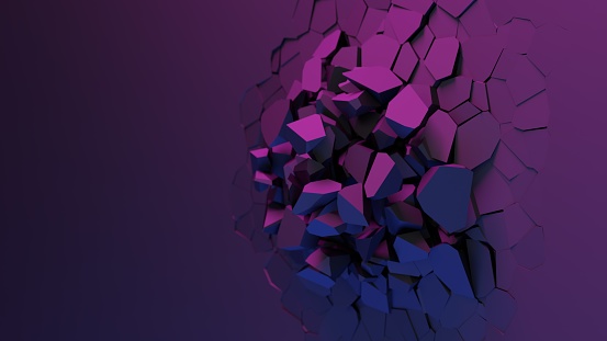 Abstract composition of cracked surface. A bullet or stone pierces a colorful square on a purple blue neon background. Animated cgi background with a broken shape and flying particles. 3d rendering