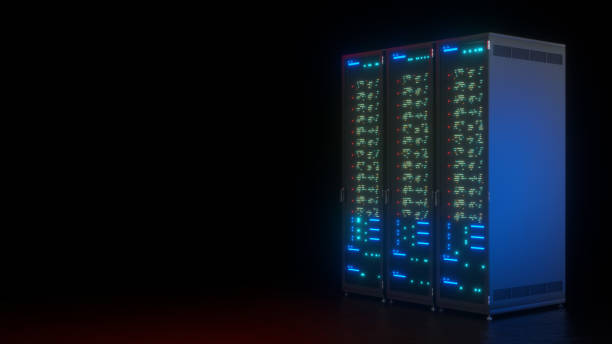 server data farm computer on black background. connection and cyber network in dark servers. backup, mining, hosting, mainframe, farm, cloud and computer rack with storage information. 3d rendering - network server rack computer black imagens e fotografias de stock