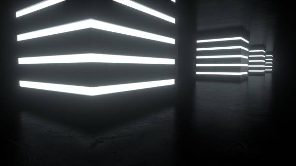 istock Abstract Sci-fi dark hall with bright white neon lights. Square shapes on a black background. Blurry reflections on the floor. 3d rendering 1298207946
