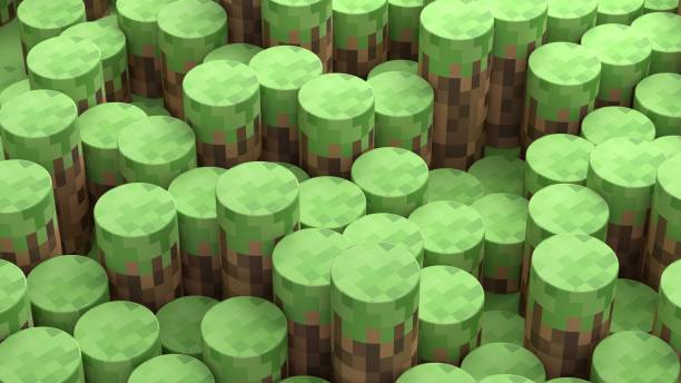 3D Abstract cylinders. Video game geometric mosaic waves pattern. Construction of hills landscape using brown and green grass round blocks. 3d rendering