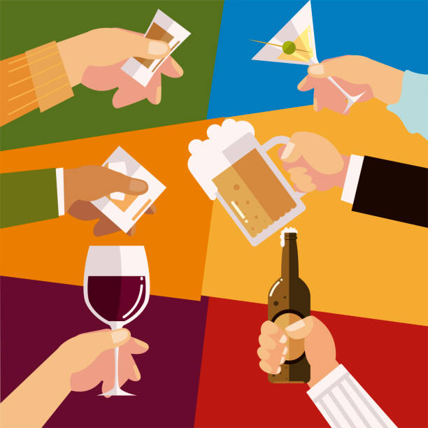 illustrazioni stock, clip art, cartoni animati e icone di tendenza di mani con diversi bicchieri liquore alcol celebrazione, applausi - aperitif