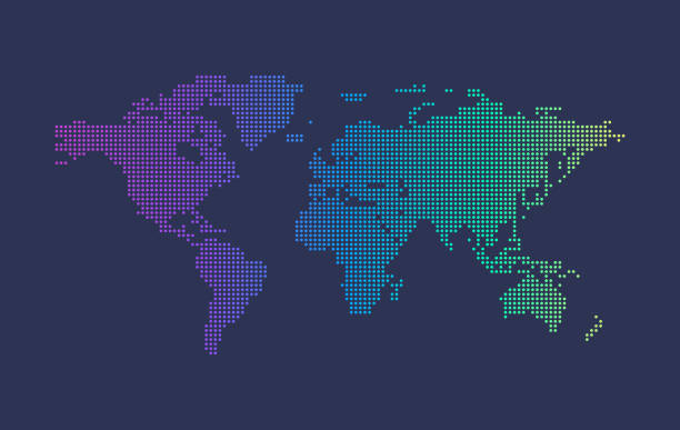 Multicolored Dotted Halftone Gradient World Map Multicolored dotted halftone gradient world map vector background. world map flat color stock illustrations