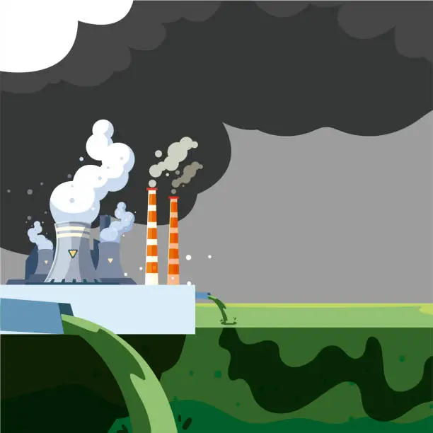Vector illustration of environmental contamination by factory, waste emission to river water