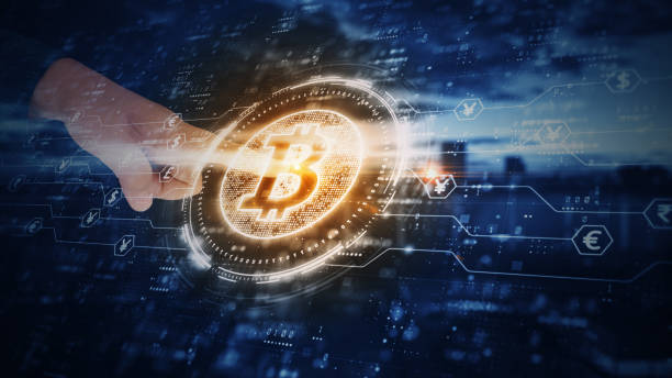 istock Bitcoin blockchain cryptocurrency digital encryption, Digital money exchange, Technology global network connections background concept In hand. 3D Rendering 1298212419