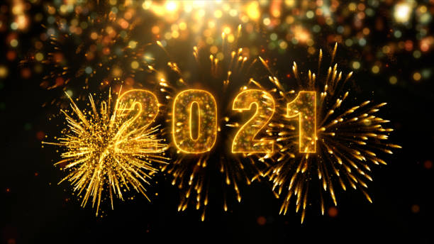istock 2021 New year celebration with sparkling lettering with fireworks sparks and particles and bokeh background. Merry Christmas and Happy New Year background Concept. 3d Rendering 1298212510
