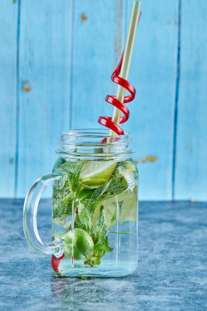 istock Mojito cocktail with slices of lime and mint on blue table 1298212530