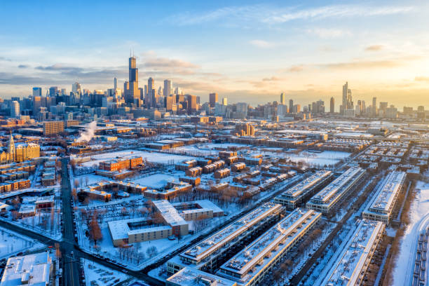 Chicago after a snowfall - aerial views at sunrise