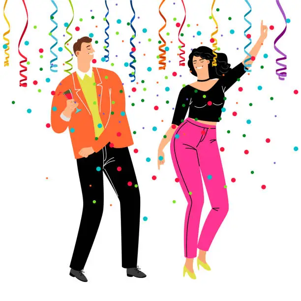 Vector illustration of Corporate confetti party. Cartoon trendy couple celebrating and dancing in business costumes