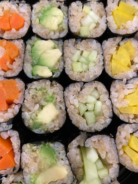 istock Tray of vegetable sushi rolls 1298216481