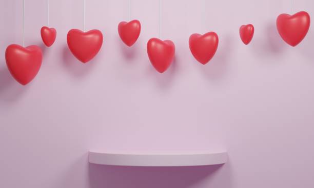 istock Red heart and pink round shelf. Empty Shelves, 3d rendering 1298218304