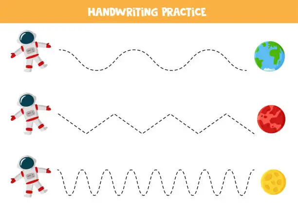 Vector illustration of Trace the lines between astronaut and solar system planets.