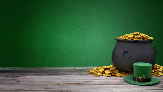 St. Patrick's Day. Green Leprechaun Hat with Clover and Treasure pot full of gold coins. Green background and wooden table. 3d render.
