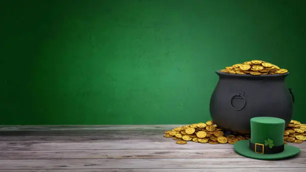 Photo of St. Patrick's Day. Green Leprechaun Hat with Clover and Treasure pot full of gold coins. Green background and wooden table. 3d render