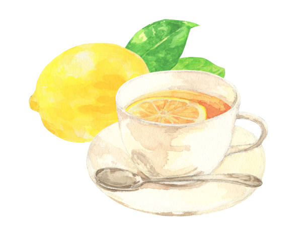 レモンティーのカップ、スプーン、白い背景に水彩画 - 紅茶点のイラスト素材／クリップアート素材／マンガ素材／アイコン素材