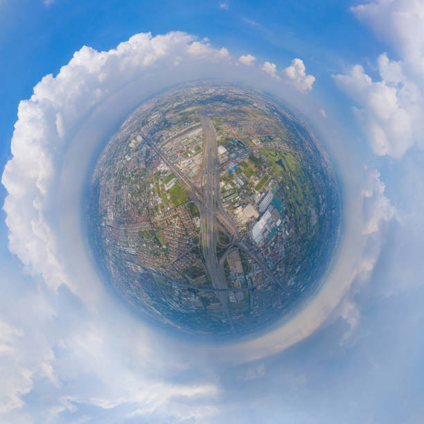 Little planet 360 degree sphere. Panorama of aerial view of cars driving on highway or moterway. Overpass bridge street roads in connection network. Urban city, Bangkok, Thailand. Little planet 360 degree sphere. Panorama of aerial view of cars driving on highway or moterway. Overpass bridge street roads in connection network. Urban city, Bangkok, Thailand. 360 degree view photos stock pictures, royalty-free photos & images