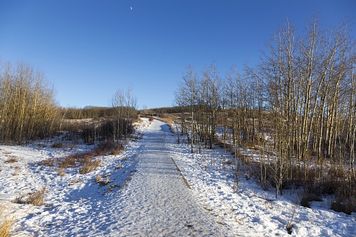 Hiking trail in autumn colored mountains after first snowfall of the season in Jotunheimen National Park in Norway. The snow of last season is still melting in some parts of the mountains. The image was captured with a full frame DSLR camera and a sharp fast lens.