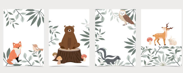 Collection of animal cards set with bear,skunk.Vector illustration for birthday invitation,postcard and sticker.Editable element Collection of animal cards set with bear,skunk.Vector illustration for birthday invitation,postcard and sticker.Editable element woodland stock illustrations