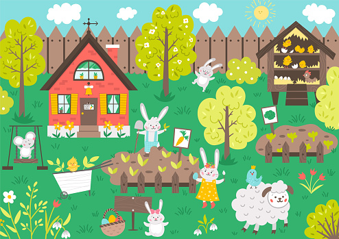 Vector garden scene with cute animals. Spring scenery with funny bunny, cottage, sheep, mouse, chicks gardening. Cute Easter illustration with rabbit family house, fence and flowers.