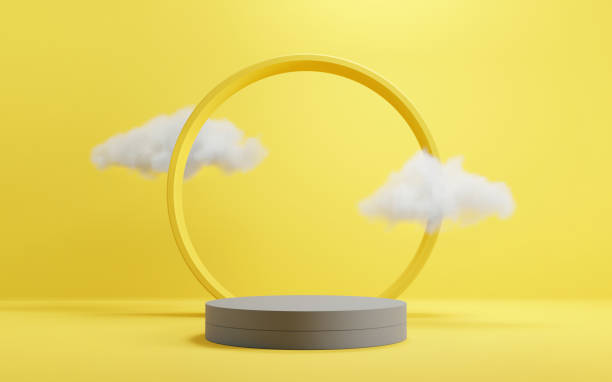 istock Abstract background minimal scene with geometric forms. Cylinder podium stage with cloud in yellow and grey backgrounds. 1298233270