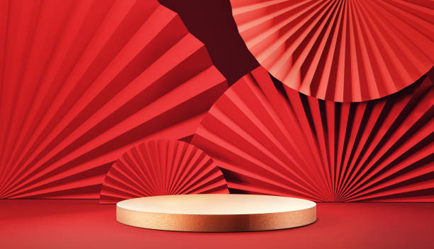 китайский новый год, золотой подиум дисплей макет на красном абстрактном фоне - махать моделью стоковые фото и изображения