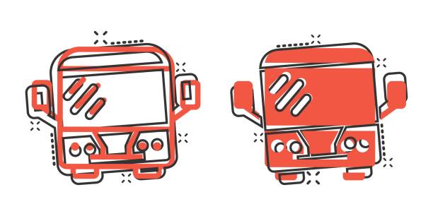 illustrations, cliparts, dessins animés et icônes de icône de bus dans le modèle comique. illustration de vecteur de dessin animé d’entraîneur sur le fond d’isolement blanc. concept d’entreprise d’effet d’éclaboussure de véhicule d’autobus. - car traffic road road sign