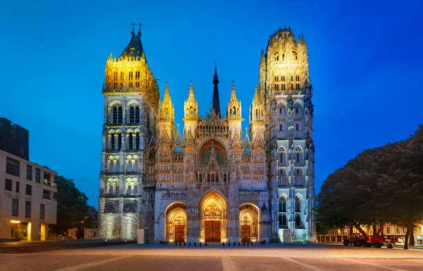 Rouen, France - May 28, 2017: View of night illumination at cathedral of Notre-Dame de Rouen.