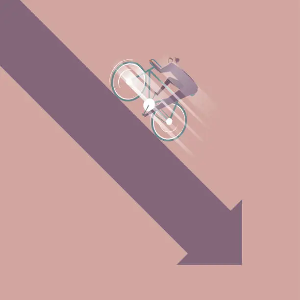 Vector illustration of Businessman riding bicycle on leaning arrow.