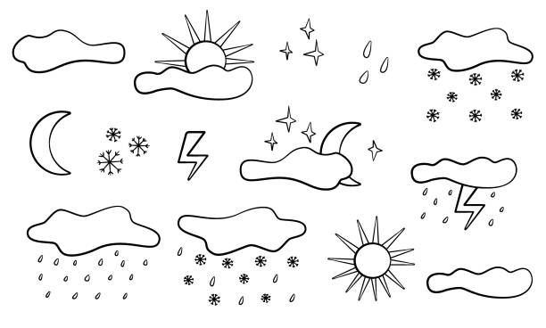 ilustraciones, imágenes clip art, dibujos animados e iconos de stock de doodle el tiempo establecido. nubes de garócula, sol, luz y lluvia. sketch i - cloud drawing heat cold